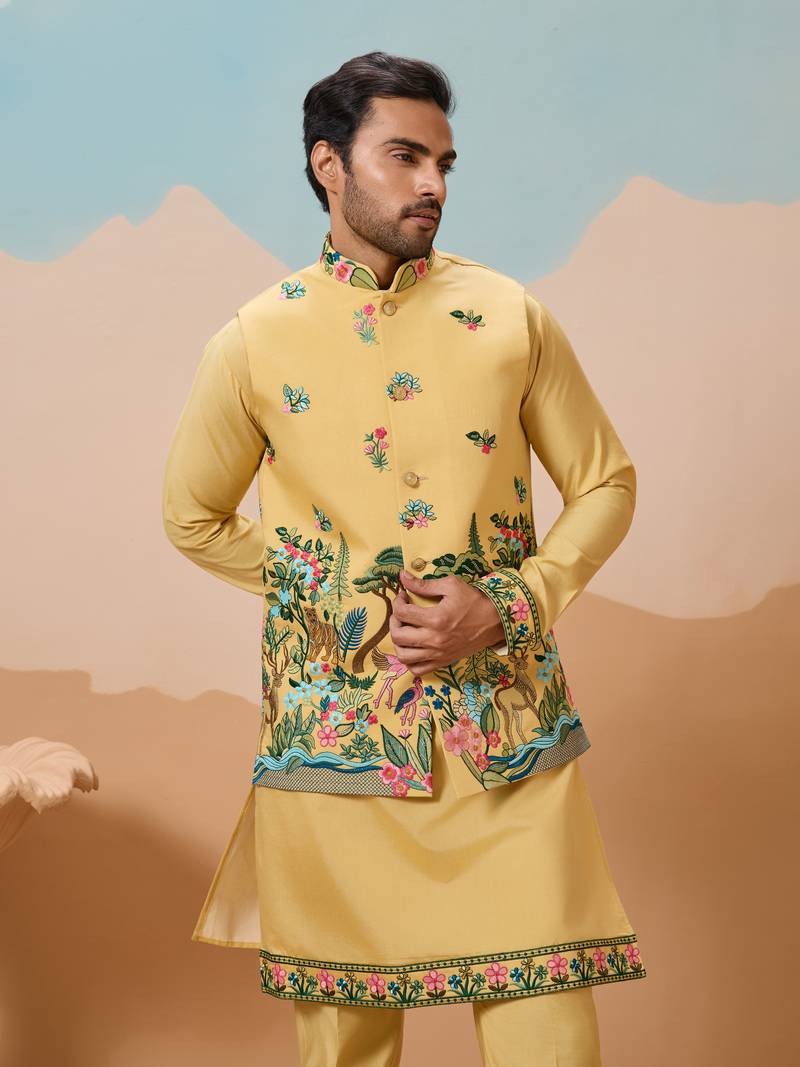 Yellow viscose silk thread & sequins embroidered work wedding festival party wear straight kurta with jacke and pant