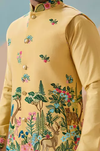 YELLOW VISCOSE SILK THREAD & SEQUINS EMBROIDERED WORK WEDDING FESTIVAL PARTY WEAR STRAIGHT KURTA WITH JACKE AND PANT