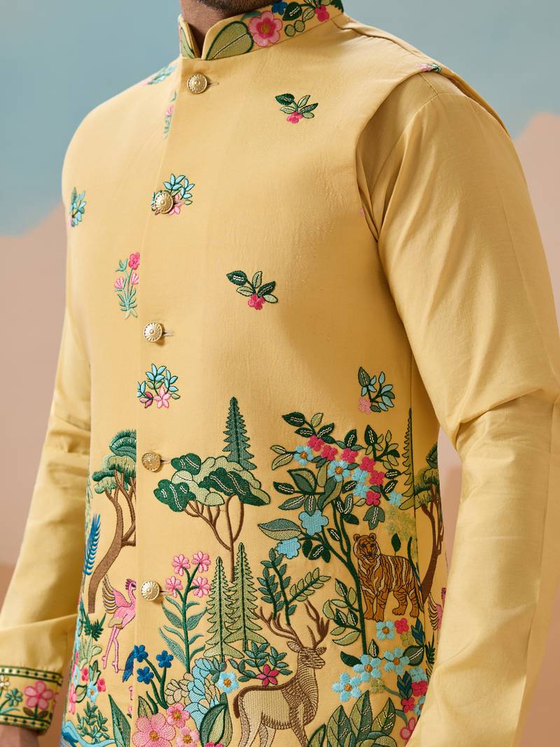 Yellow viscose silk thread & sequins embroidered work wedding festival party wear straight kurta with jacke and pant