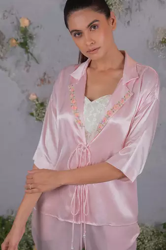 Pink embroidered silk co ord set