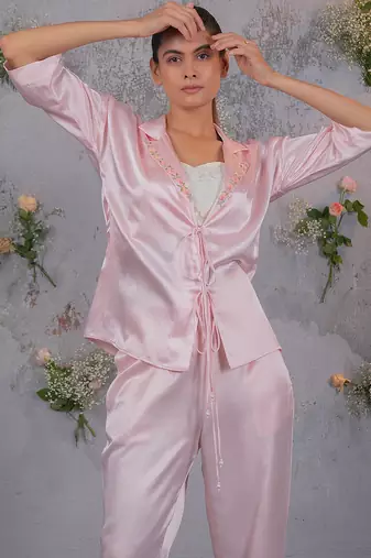Pink embroidered silk co ord set