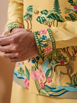 YELLOW VISCOSE SILK THREAD & SEQUINS EMBROIDERED WORK WEDDING FESTIVAL PARTY WEAR STRAIGHT KURTA WITH JACKE AND PANT 5