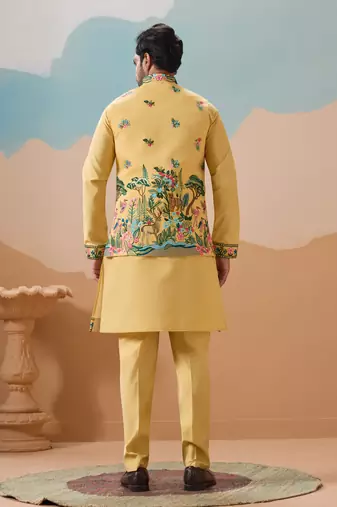 YELLOW VISCOSE SILK THREAD & SEQUINS EMBROIDERED WORK WEDDING FESTIVAL PARTY WEAR STRAIGHT KURTA WITH JACKE AND PANT