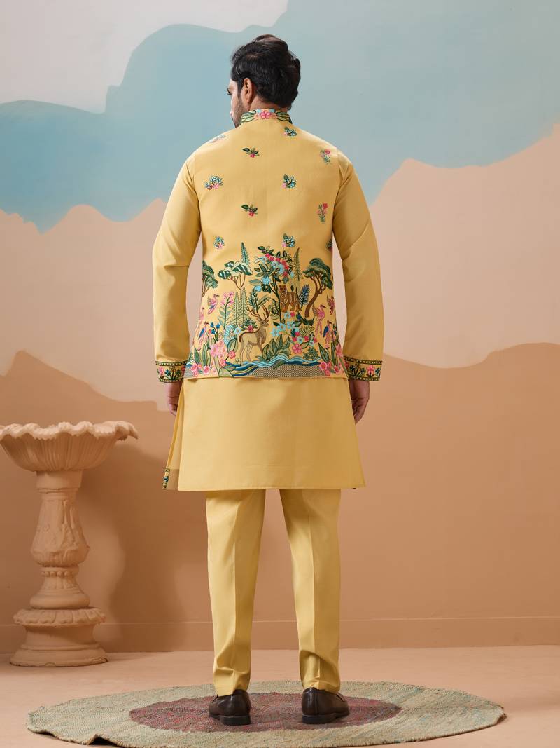 Yellow viscose silk thread & sequins embroidered work wedding festival party wear straight kurta with jacke and pant