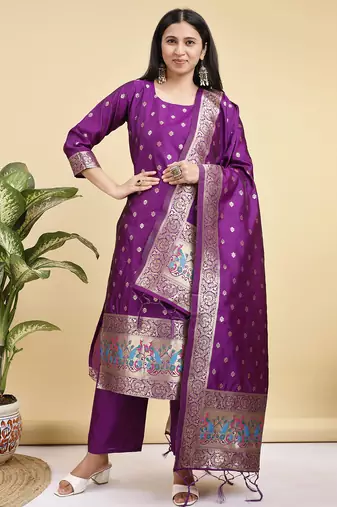 Readymade purple color pure banarasi silk top pent dupatta set