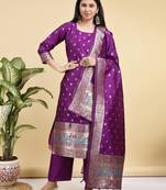 Readymade purple color pure banarasi silk top pent dupatta set