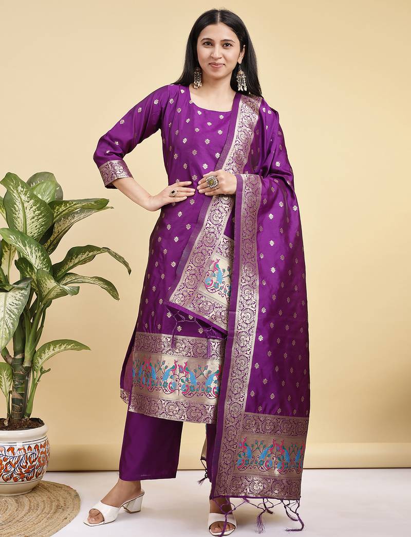 Readymade purple color pure banarasi silk top pent dupatta set