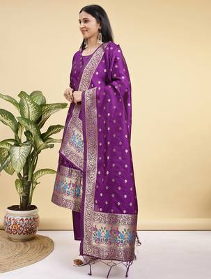 Readymade purple pure banarasi silk blend top pent dupatta set 2