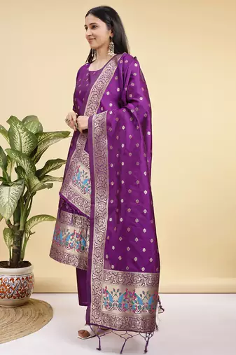 Readymade purple color pure banarasi silk blend top pent dupatta set
