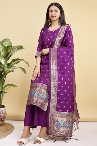 Readymade purple color pure banarasi silk blend top pent dupatta set