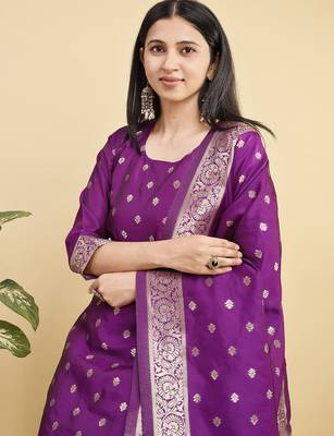 Readymade purple pure banarasi silk blend top pent dupatta set 4