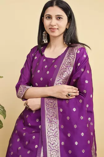 Readymade purple color pure banarasi silk blend top pent dupatta set