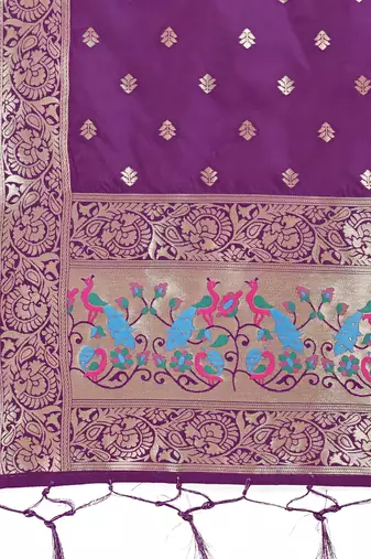 Readymade purple color pure banarasi silk blend top pent dupatta set