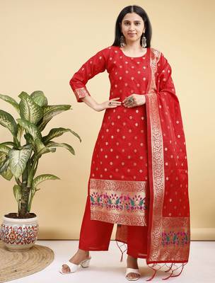 Readymade red color pure banarasi silk blend top pent dupatta set 1