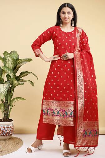 Readymade red color pure banarasi silk top pent dupatta set
