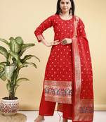 Readymade red color pure banarasi silk top pent dupatta set