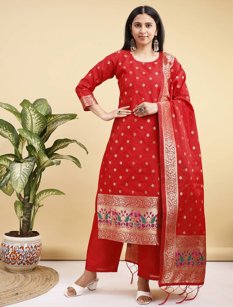 Readymade red color pure banarasi silk top pent dupatta set