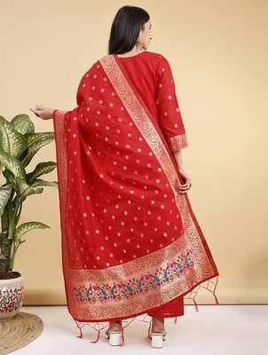 Readymade red color pure banarasi silk blend top pent dupatta set 5