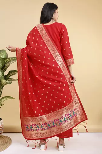 Readymade red color pure banarasi silk blend top pent dupatta set