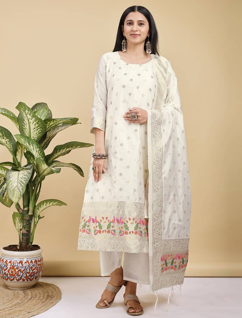 Readymade white color pure banarasi silk top pent dupatta set