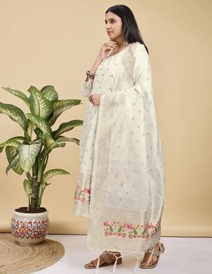 Readymade white color pure banarasi silk blend top pent dupatta set 3