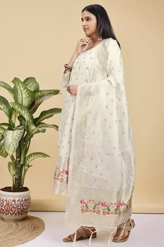 Readymade white color pure banarasi silk blend top pent dupatta set