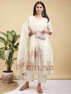 Readymade white color pure banarasi silk blend top pent dupatta set 4
