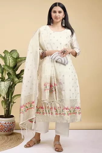 Readymade white color pure banarasi silk blend top pent dupatta set