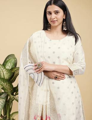 Readymade white color pure banarasi silk blend top pent dupatta set 5