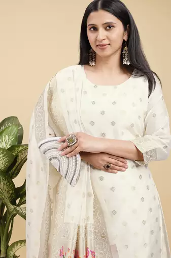 Readymade white color pure banarasi silk blend top pent dupatta set