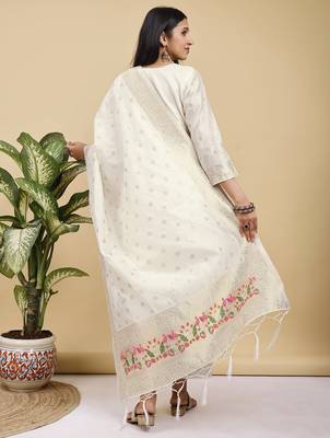 Readymade white color pure banarasi silk blend top pent dupatta set 6