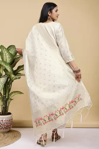 Readymade white color pure banarasi silk blend top pent dupatta set
