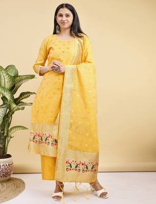 Readymade yellow color pure banarasi silk blend top pent dupatta set 1