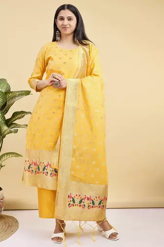 Readymade yellow color pure banarasi silk top pent dupatta set