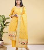 Readymade yellow color pure banarasi silk top pent dupatta set