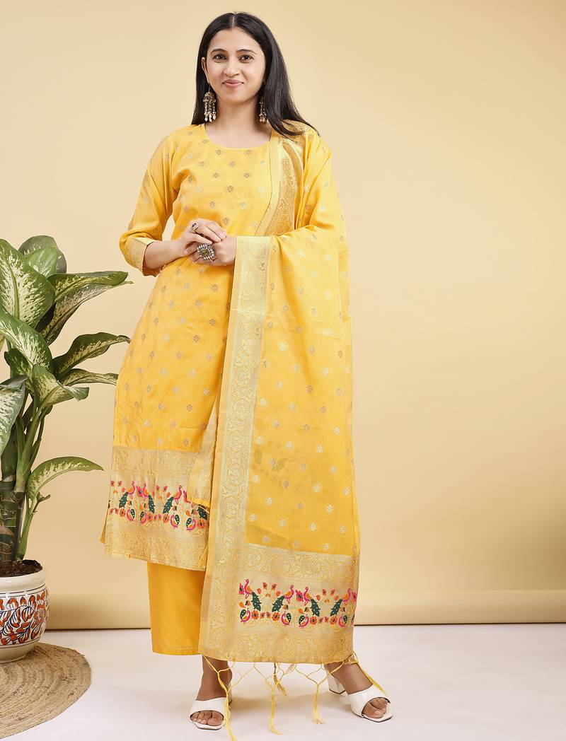Readymade yellow color pure banarasi silk top pent dupatta set