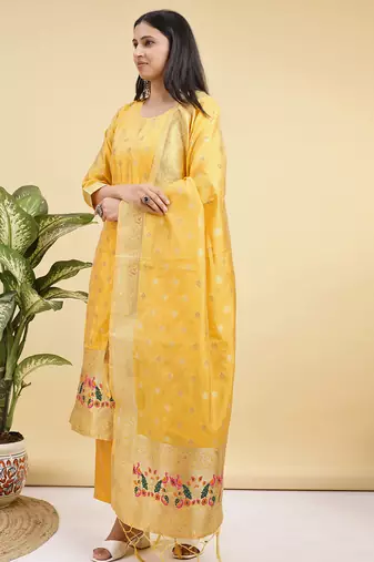 Readymade yellow color pure banarasi silk blend top pent dupatta set