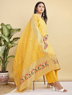 Readymade yellow color pure banarasi silk blend top pent dupatta set 3