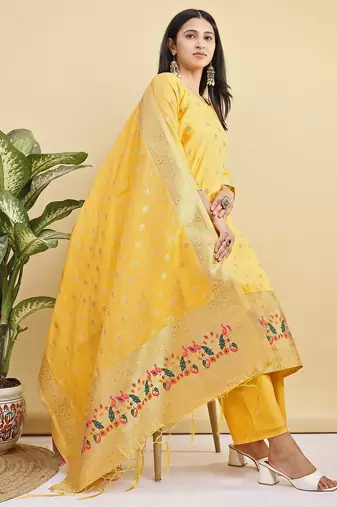Readymade yellow color pure banarasi silk blend top pent dupatta set