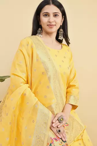 Readymade yellow color pure banarasi silk blend top pent dupatta set