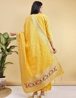 Readymade yellow color pure banarasi silk blend top pent dupatta set 5