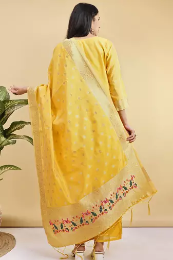 Readymade yellow color pure banarasi silk blend top pent dupatta set