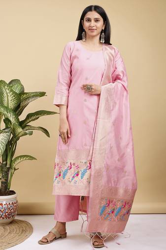 Readymade pink color pure banarasi silk top pent dupatta set