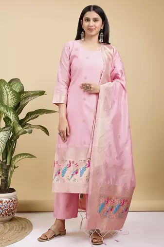 Readymade pink color pure banarasi silk top pent dupatta set