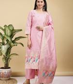 Readymade pink color pure banarasi silk top pent dupatta set