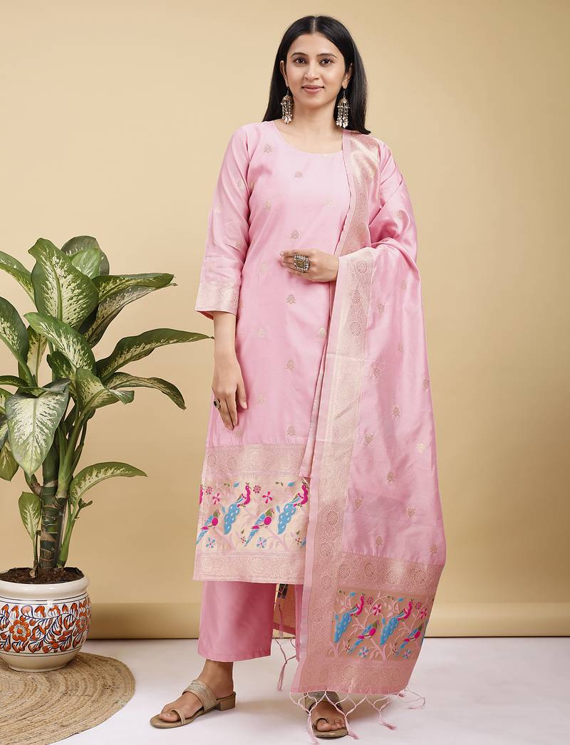 Readymade pink color pure banarasi silk top pent dupatta set