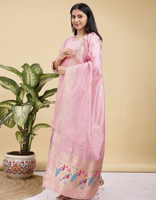 Readymade pink pure banarasi silk blend top pent dupatta set 2