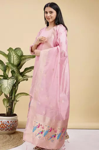 Readymade pink color pure banarasi silk blend top pent dupatta set