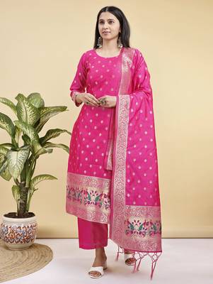 Readymade pink color pure banarasi silk blend top pent dupatta set 1