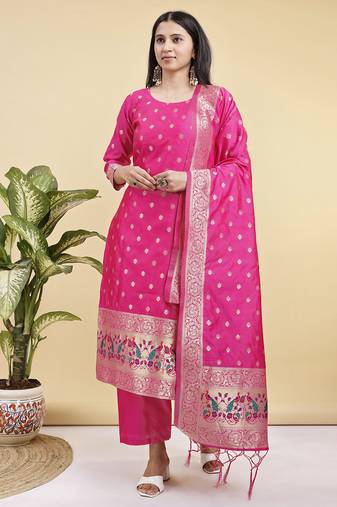 Readymade pink color pure banarasi silk top pent dupatta set